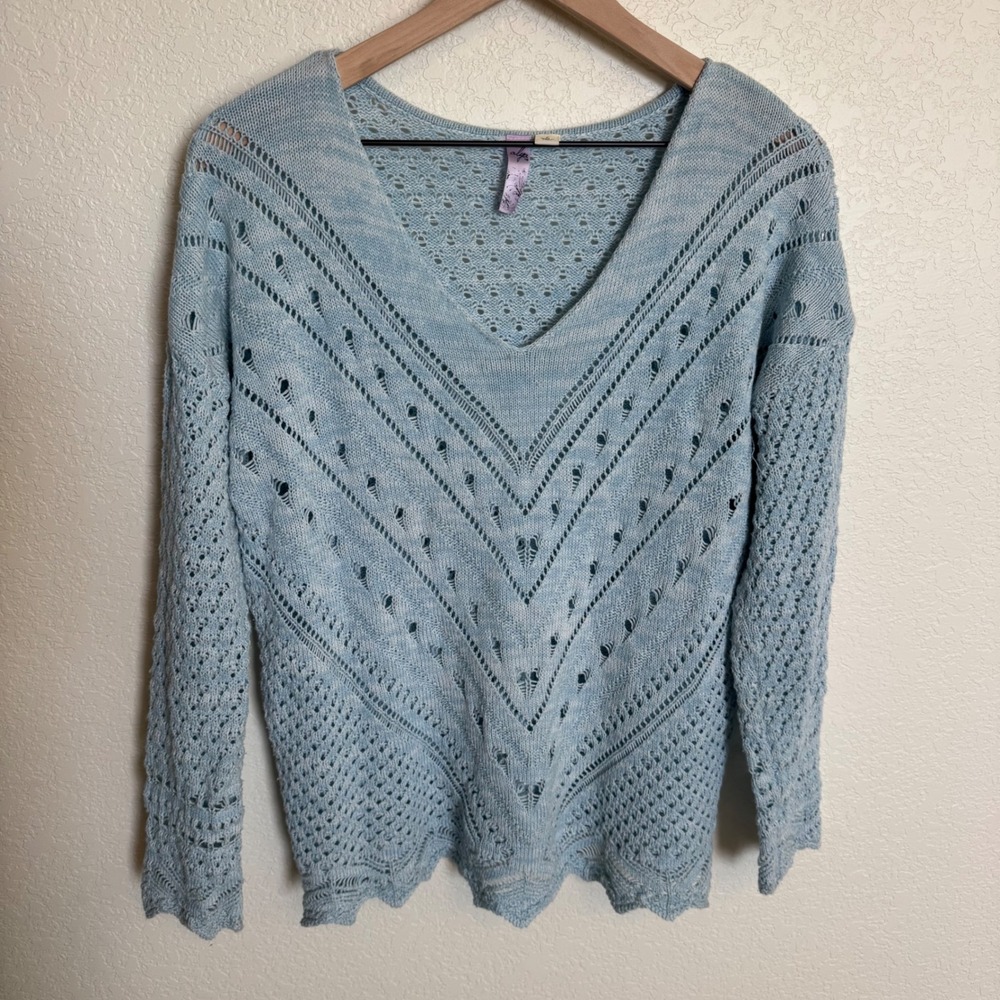 Soft Girl Coquette Alya Pointelle Knit V-Neck Sweater Large Baby Blue